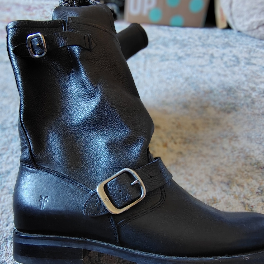 Black Leather Buckle Ankle Boots